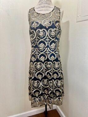 NEW with tag LIZA LUXE Black Blue & Gold Embroidered Sheath Dress Plus Size 1X